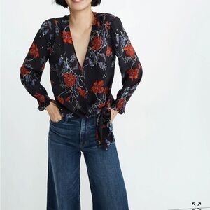 Floral Silk Wrap Top - Blue and Red Madewell